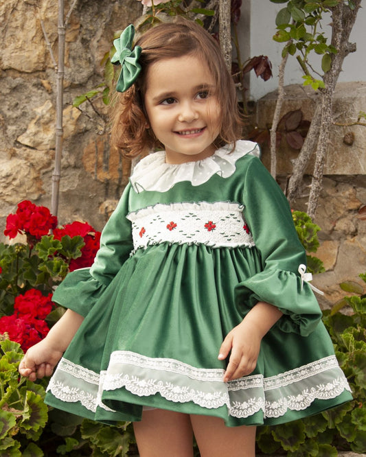 Green Velvet Smocked Dress with Hair Bow