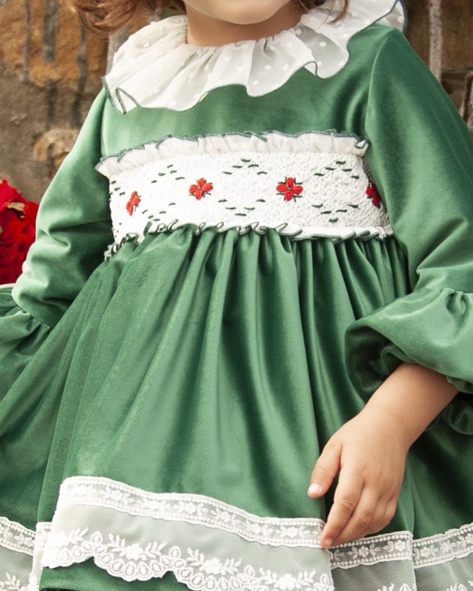 Green Velvet Smocked Dress with Hair Bow