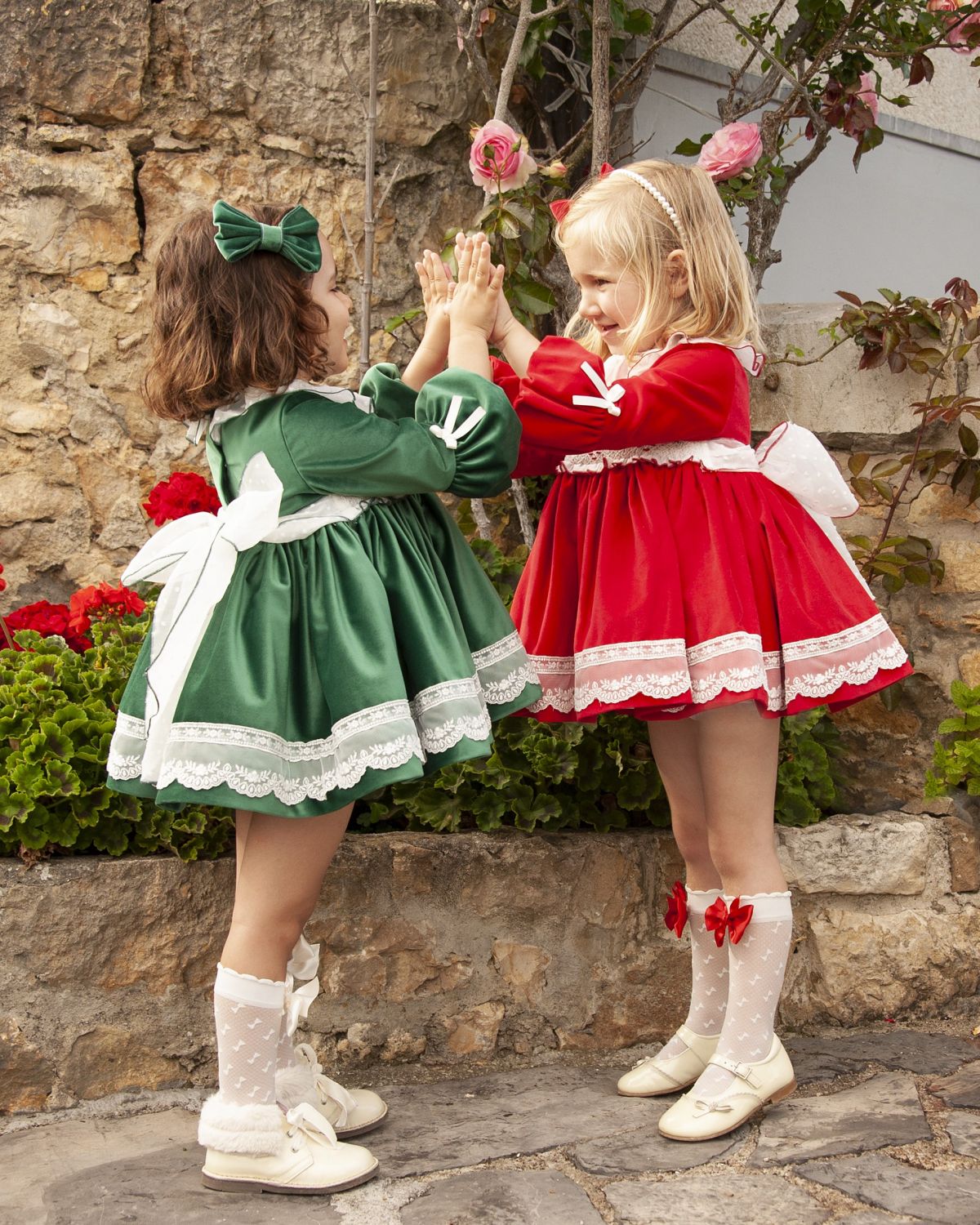 Green Velvet Smocked Dress with Hair Bow