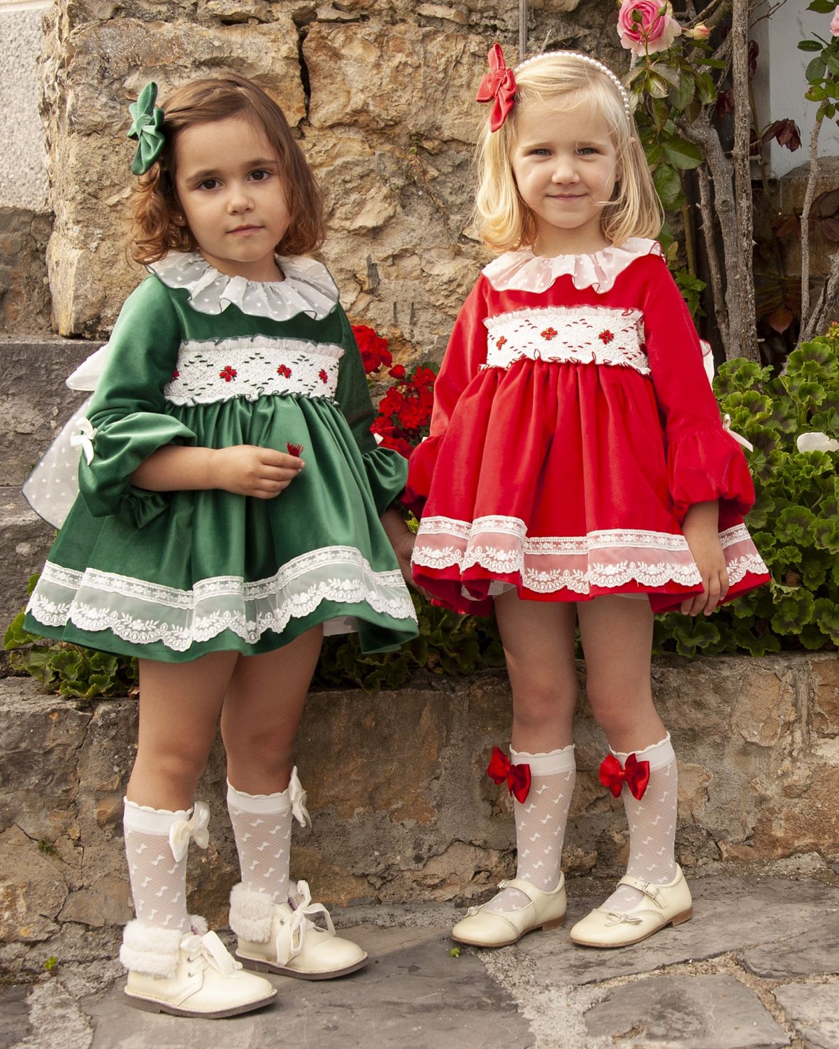 Green Velvet Smocked Dress with Hair Bow