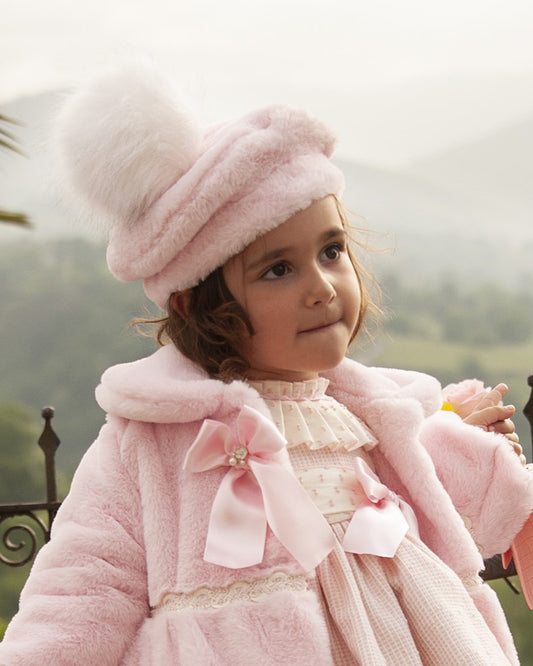 Pink Fur Beret Hat with PomPom