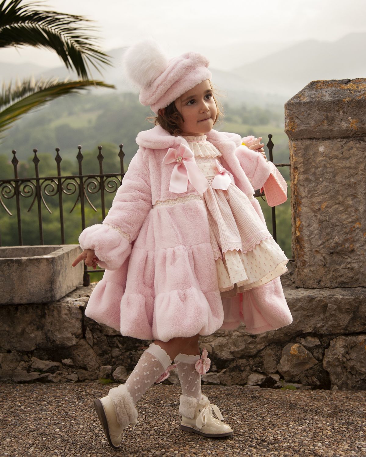 Pink Fur Beret Hat with PomPom