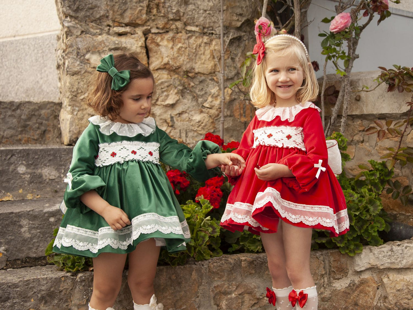 Green Velvet Smocked Dress with Hair Bow