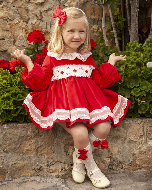 Red Velvet Smocked Dress with Hair Bow