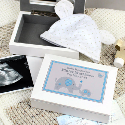 Personalised Blue Baby Elephant White Wooden Keepsake Box