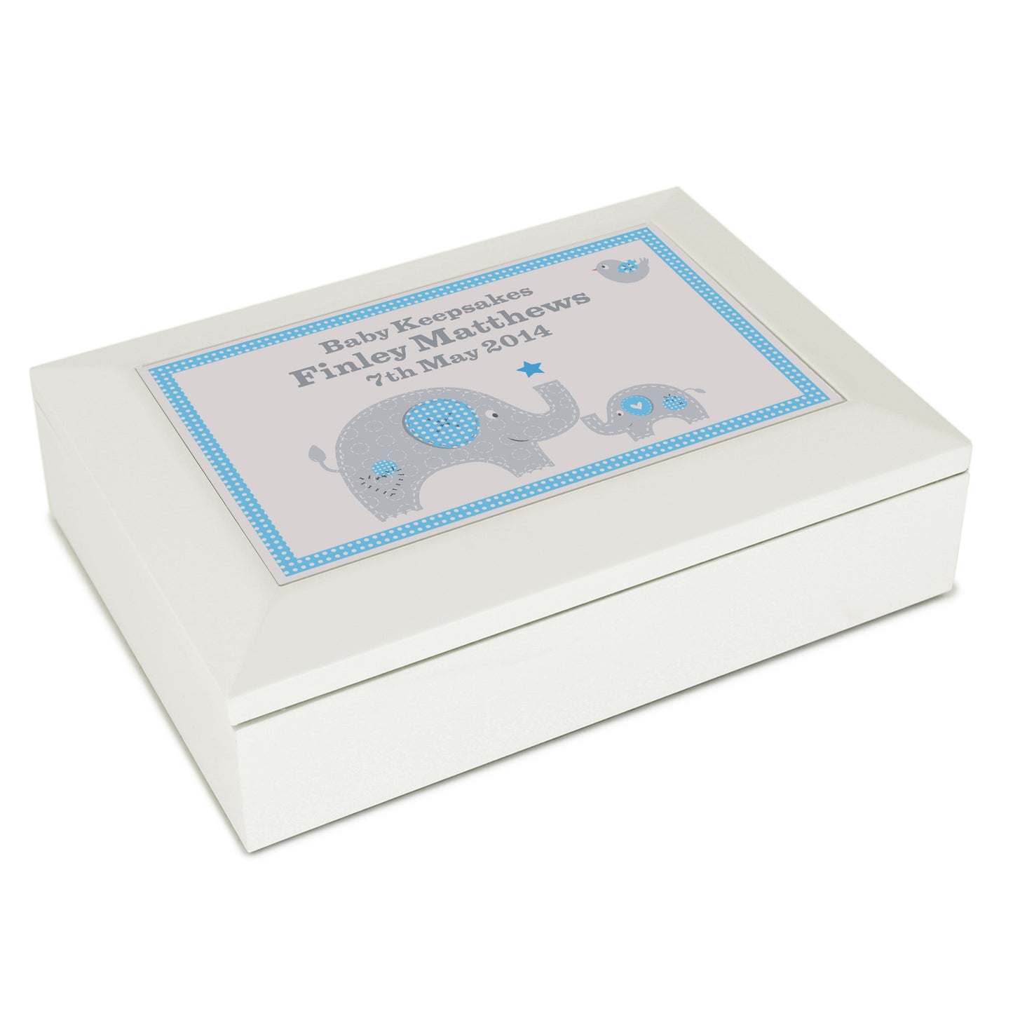 Personalised Blue Baby Elephant White Wooden Keepsake Box